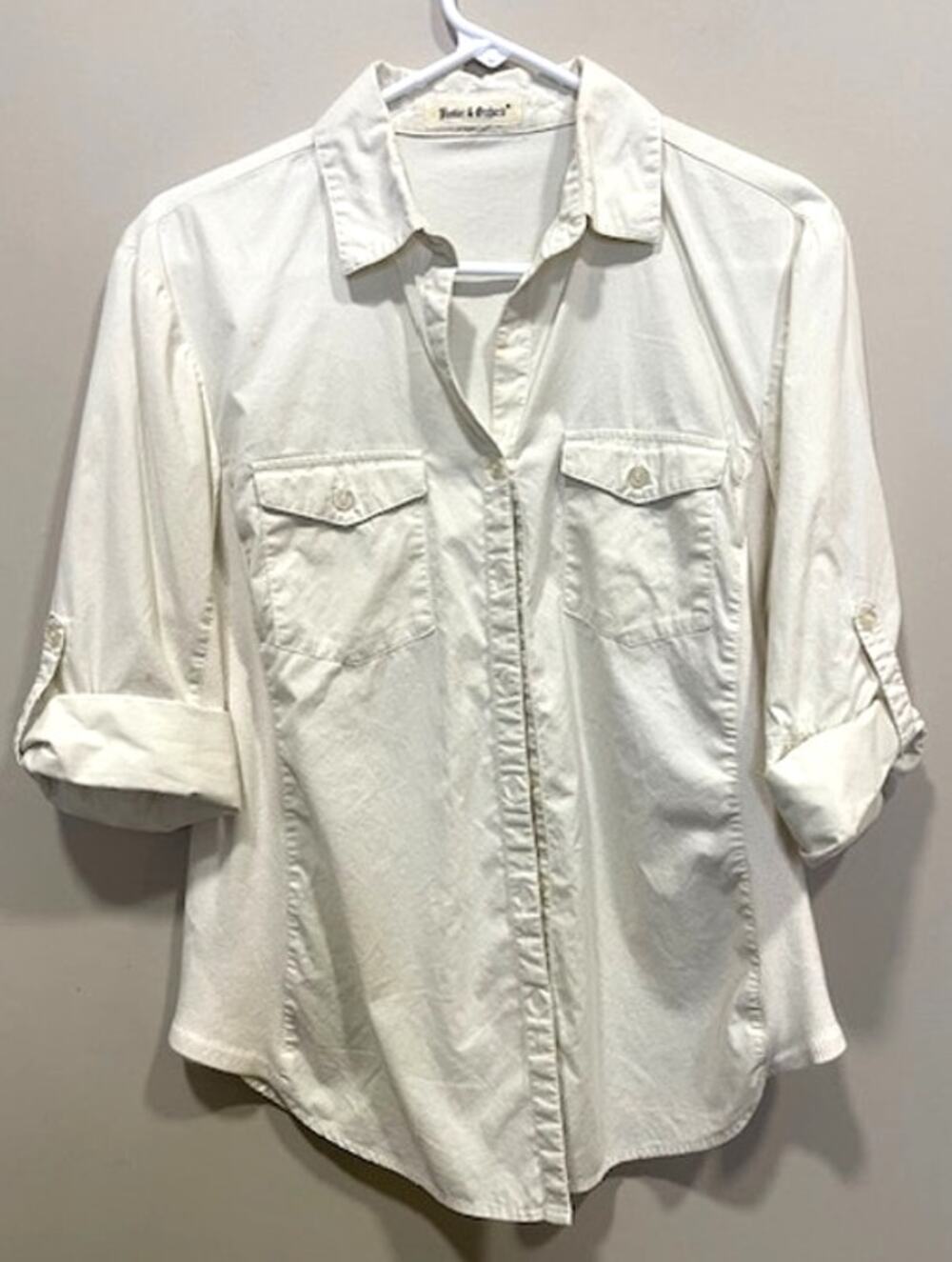 Hester & Orchard Women's Sz M Top Ivory Button Up Roll Tab Sleeves